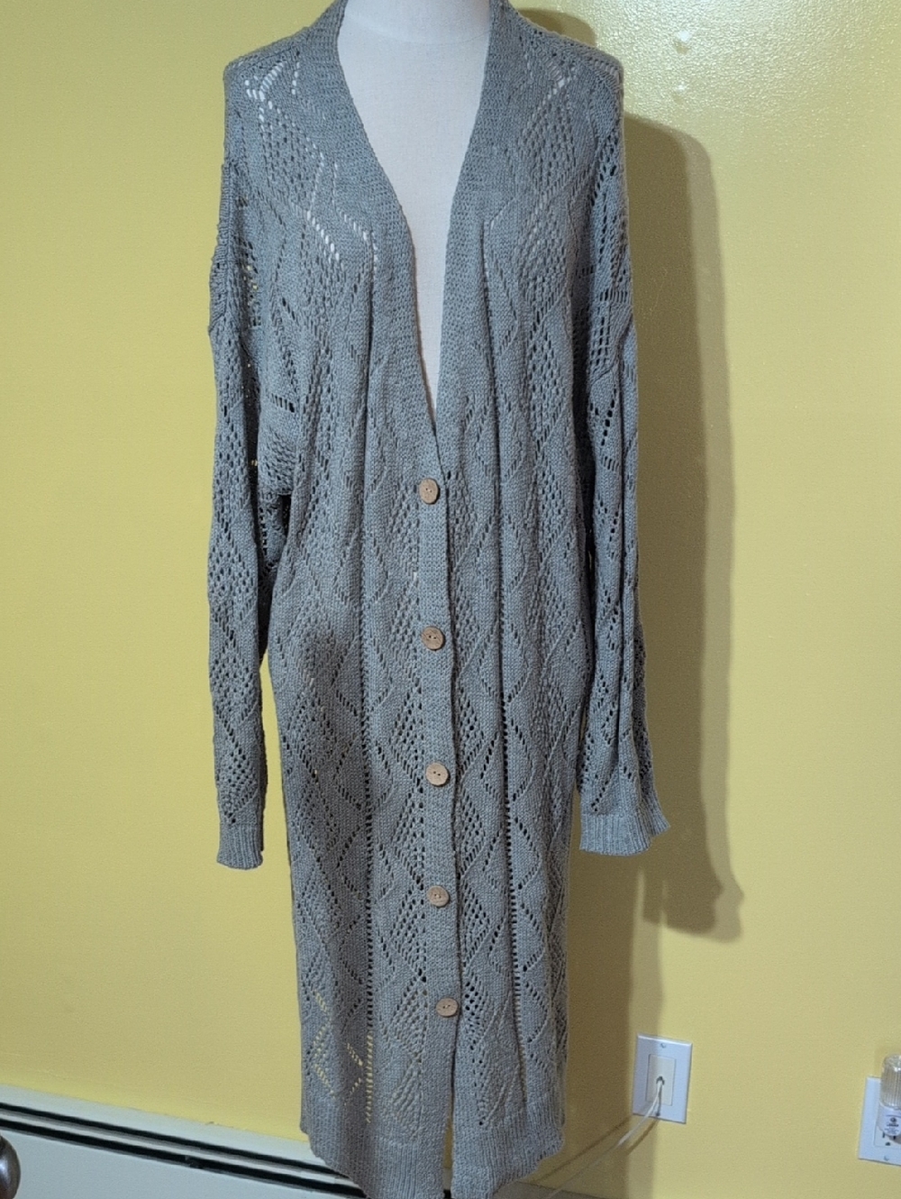 Long Openwork Button-Front Cardigan Sweater - Gray